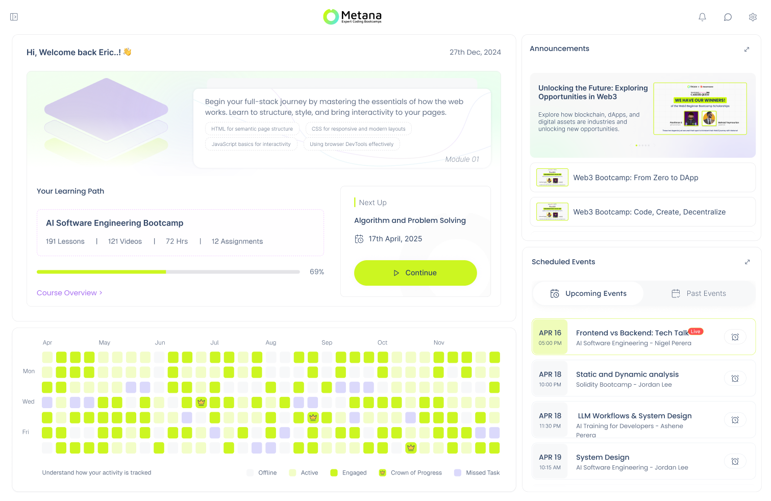 Manager dashboard showing an engineer's learning path, progress, and scheduled live sessions